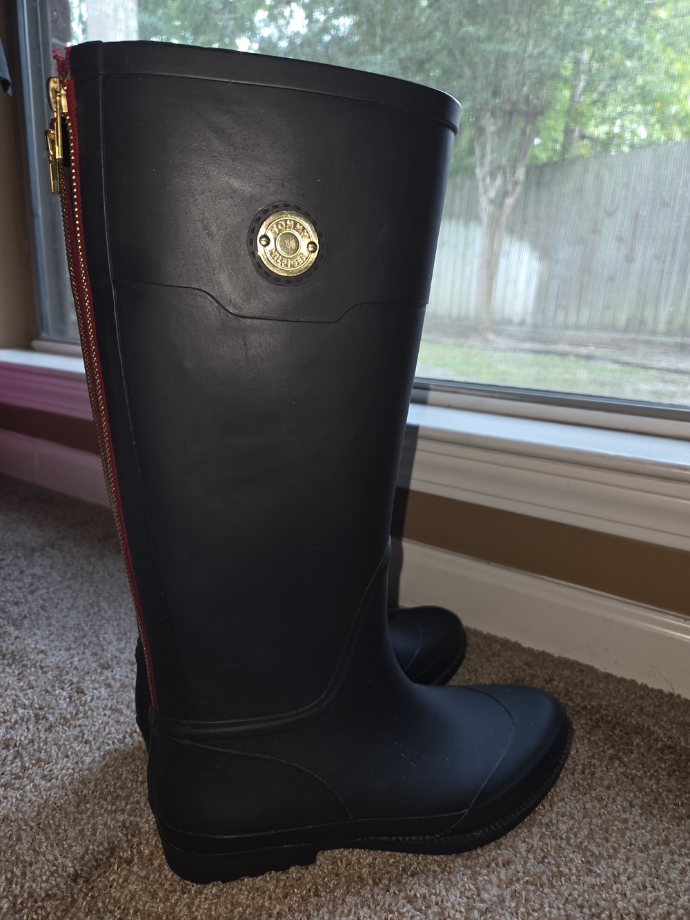 Tommy Hilfiger Black Rain Boots with Red Back Zipper and Gold Logo